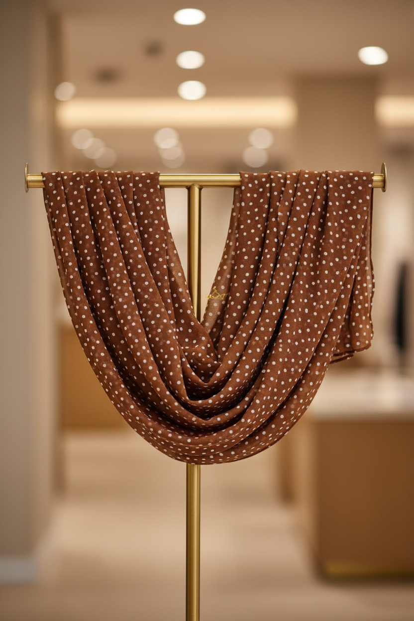 Brown chiffon shawl with white polka dots on display rack