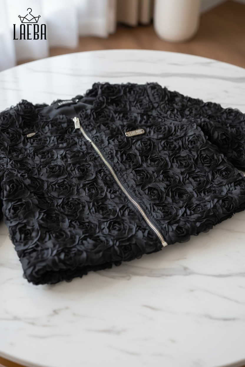 Close-up of black 3D floral jacket on table with Laeba tag in portrait format