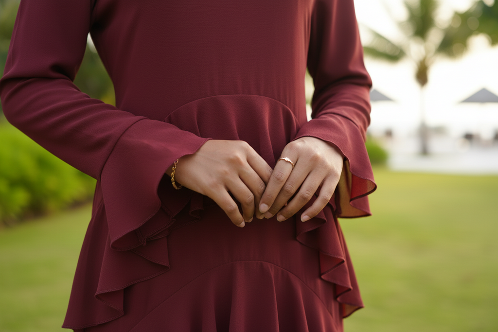 Wine Red Ruffle Layered Chiffon Dress