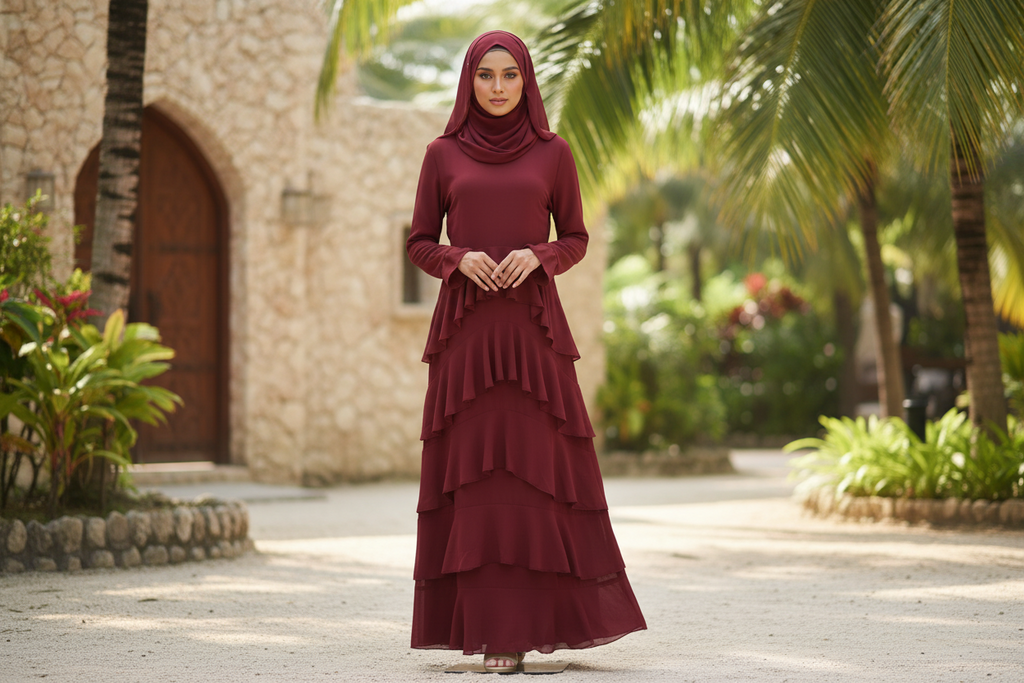 Wine Red Ruffle Layered Chiffon Dress