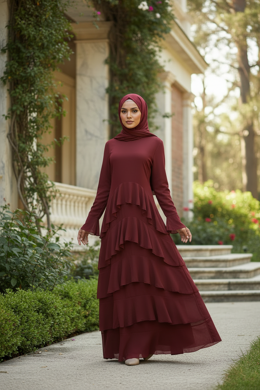 Wine Red Ruffle Layered Chiffon Dress