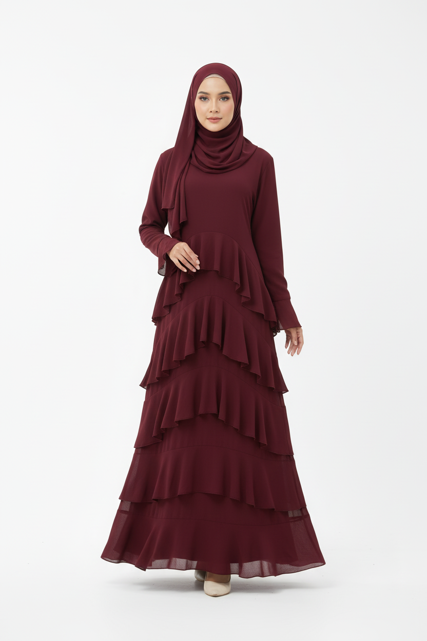 Wine Red Ruffle Layered Chiffon Dress