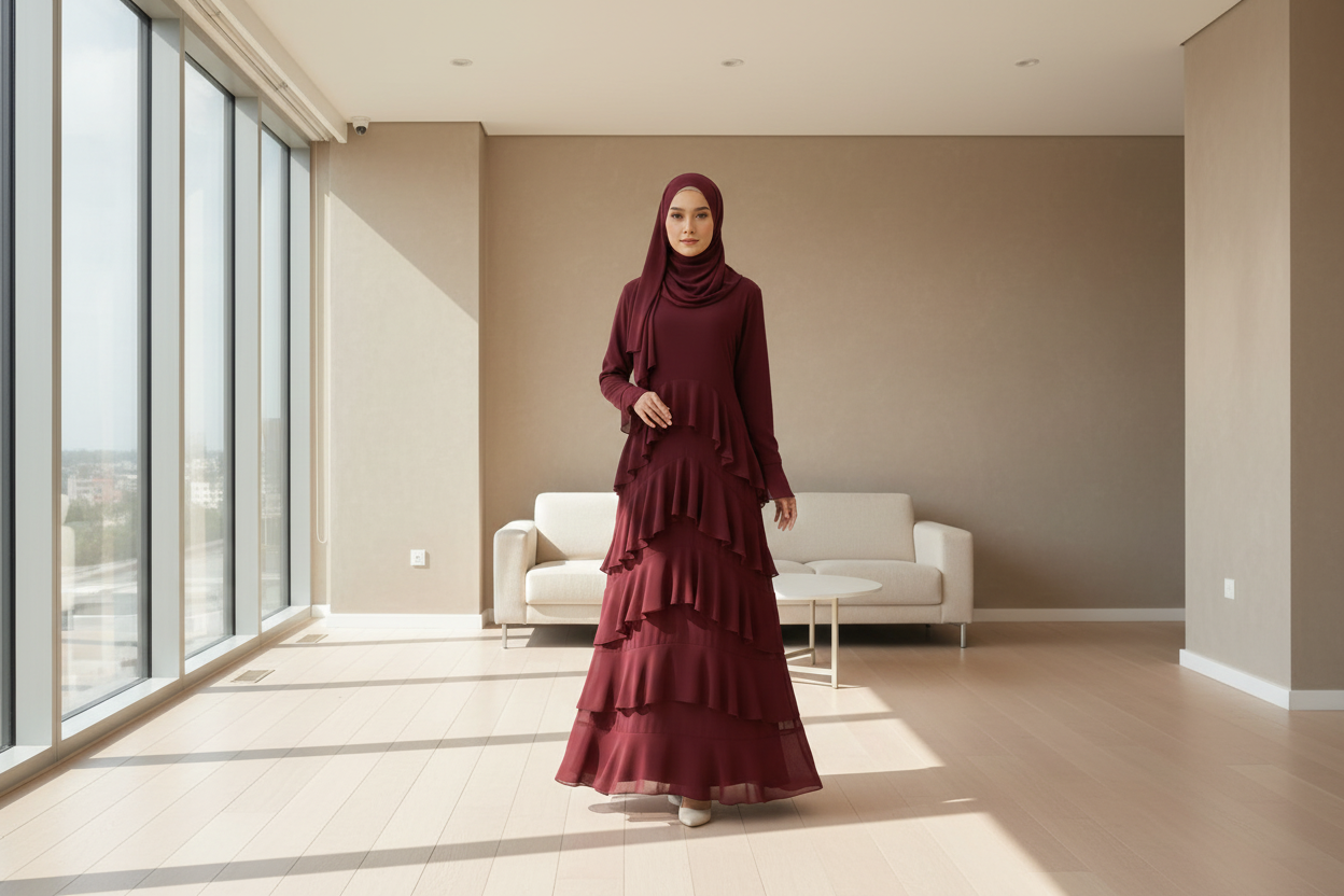 Wine Red Ruffle Layered Chiffon Dress