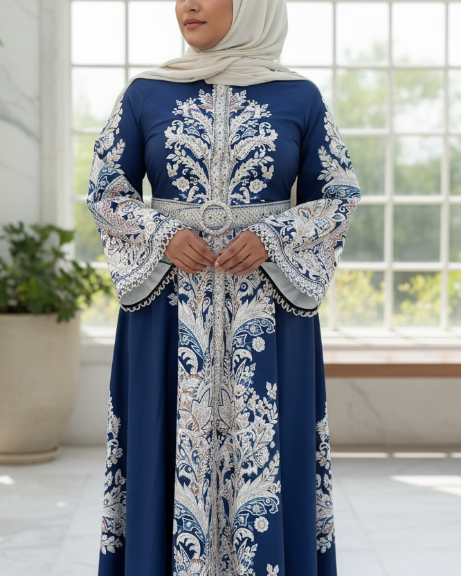 Navy blue abaya with intricate white lace embroidery