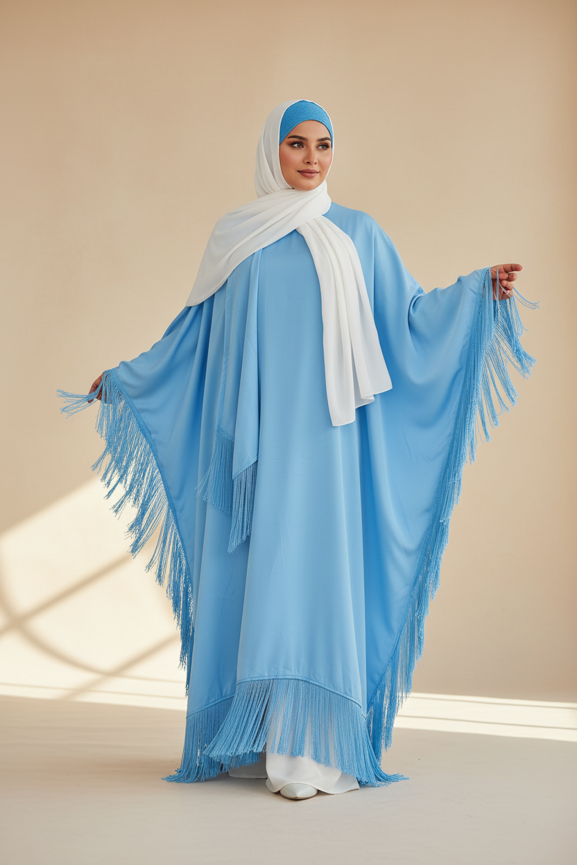 Professional fashion photography of sky blue abaya in portrait format