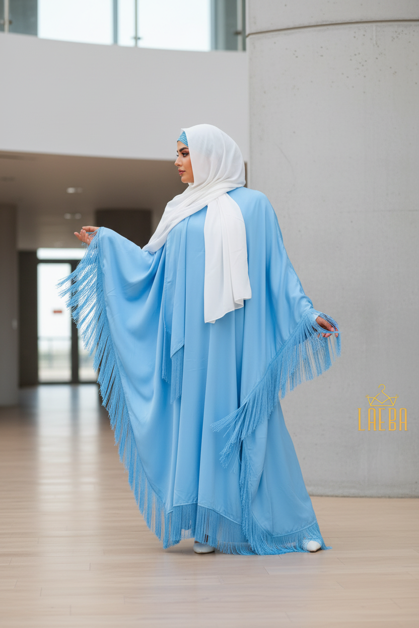 Professional fashion photography of Tassel Edge Abaya with Laeba logo