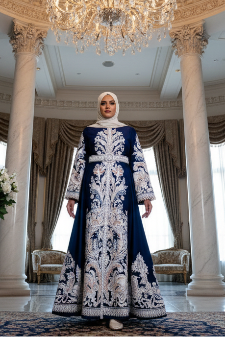 Royal blue abaya with white lace in palatial setting