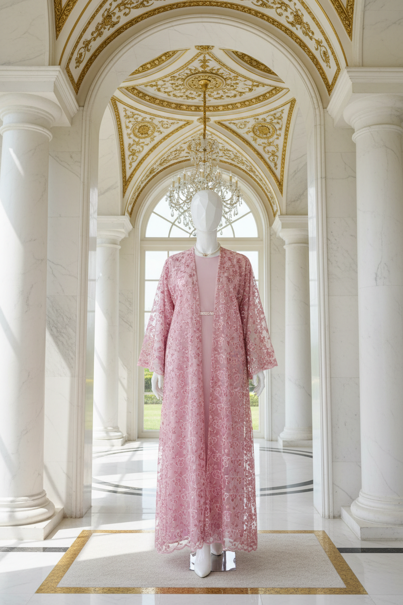Ultra-realistic styled display of Lace Blossom Abaya in portrait format