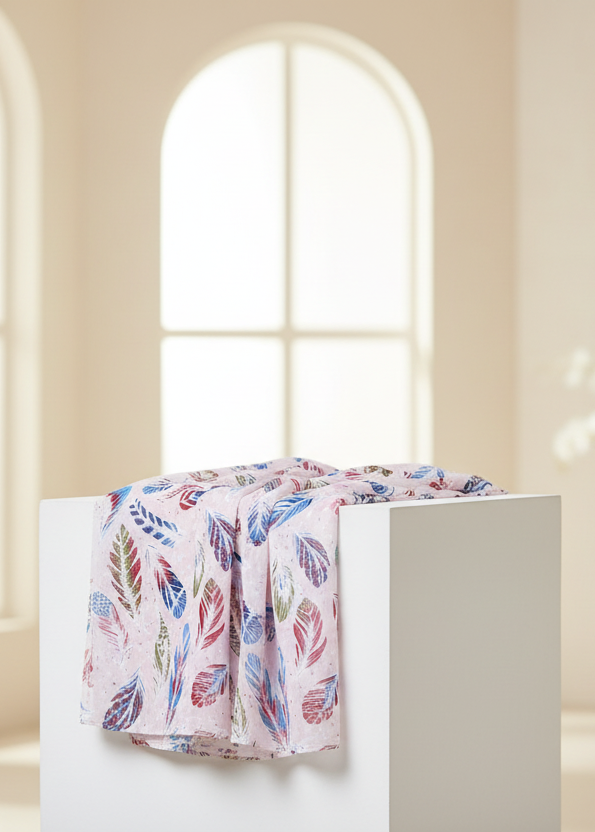 White chiffon shawl with colorful feather print